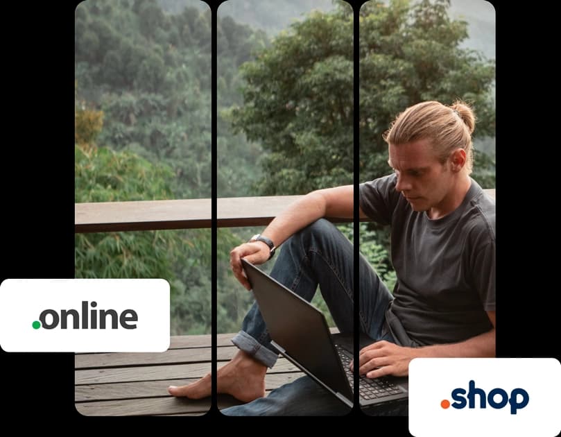 Man working on laptop in nature and domain tags